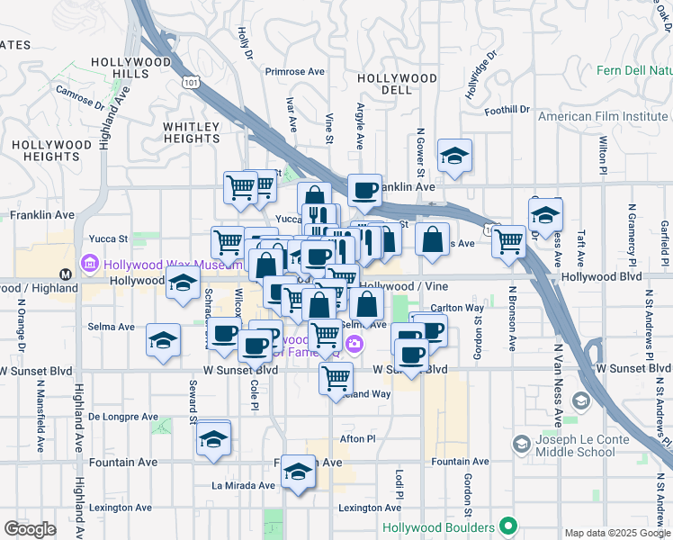 map of restaurants, bars, coffee shops, grocery stores, and more near 6253 Hollywood Boulevard in Los Angeles
