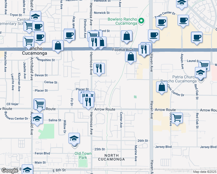 map of restaurants, bars, coffee shops, grocery stores, and more near 8348 Sunset Trail Place in Rancho Cucamonga