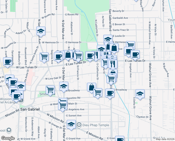 map of restaurants, bars, coffee shops, grocery stores, and more near 401 East Live Oak Street in San Gabriel