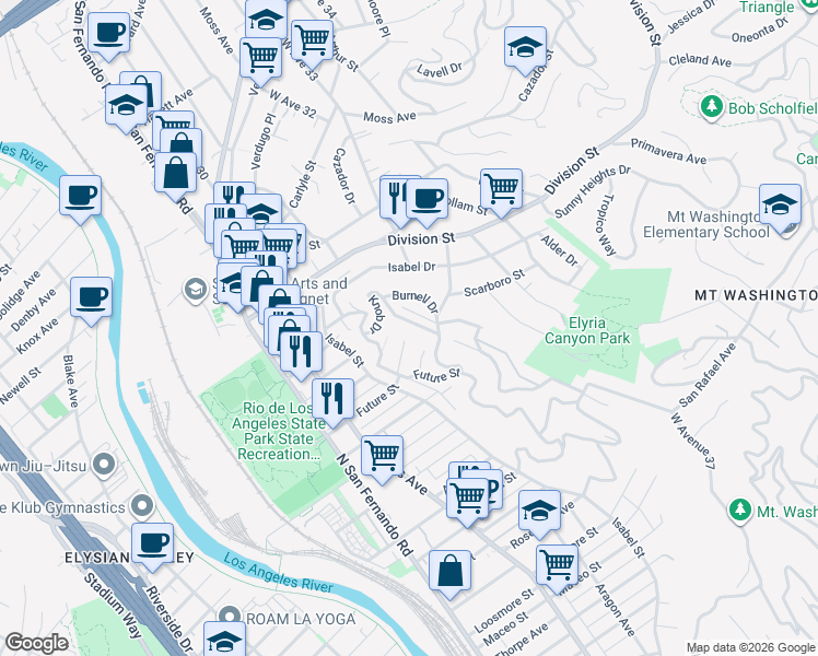 map of restaurants, bars, coffee shops, grocery stores, and more near 1736 Kilbourn Street in Los Angeles