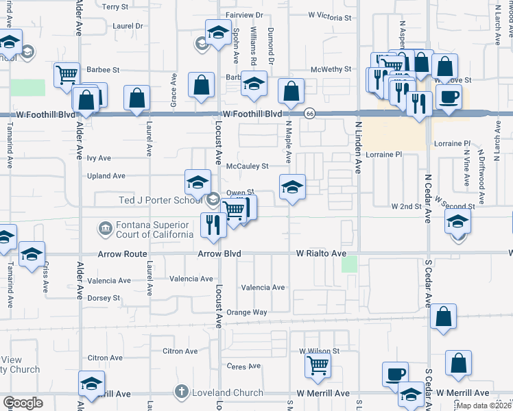 map of restaurants, bars, coffee shops, grocery stores, and more near 18206 Seville Avenue in Fontana