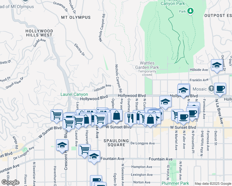 map of restaurants, bars, coffee shops, grocery stores, and more near 7777 Hollywood Boulevard in Los Angeles