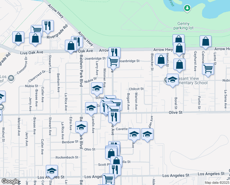 map of restaurants, bars, coffee shops, grocery stores, and more near 4920 Maine Avenue in Baldwin Park