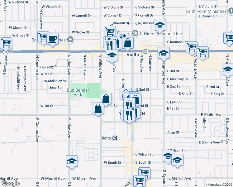 map of restaurants, bars, coffee shops, grocery stores, and more near 139 North Palm Avenue in Rialto