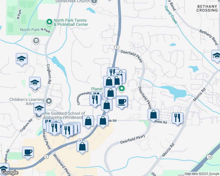 map of restaurants, bars, coffee shops, grocery stores, and more near 13097 Highway 9 in Milton