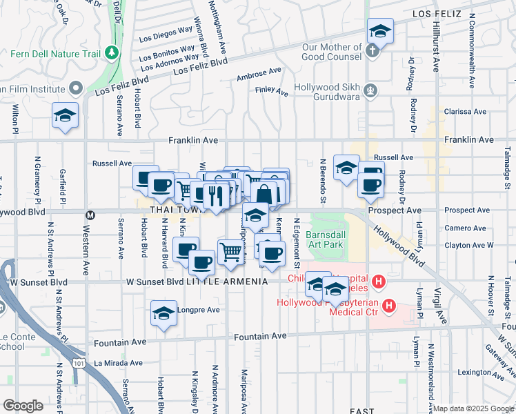 map of restaurants, bars, coffee shops, grocery stores, and more near 5001 Hollywood Boulevard in Los Angeles