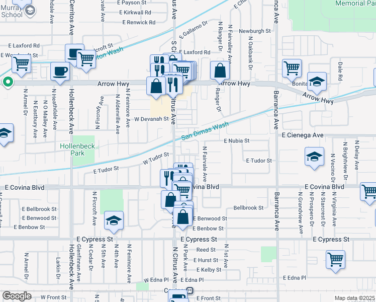 map of restaurants, bars, coffee shops, grocery stores, and more near 1234 North Citrus Avenue in Covina