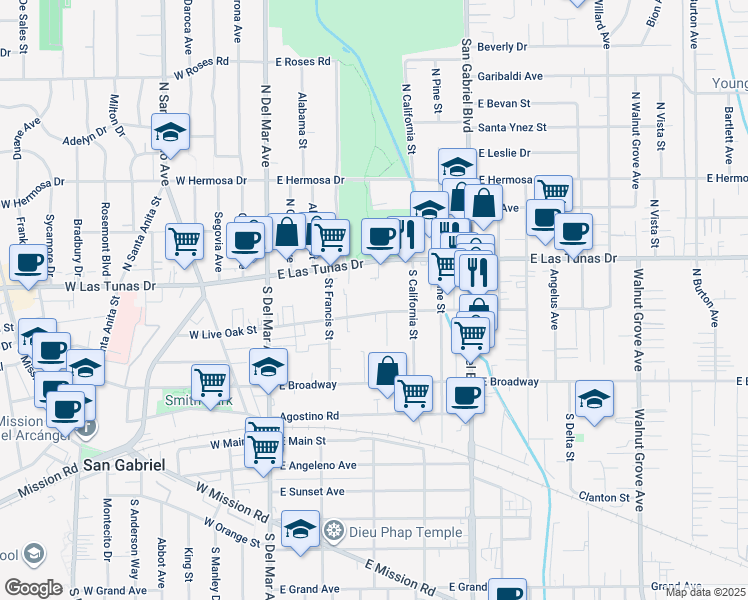 map of restaurants, bars, coffee shops, grocery stores, and more near 421 East Live Oak Street in San Gabriel