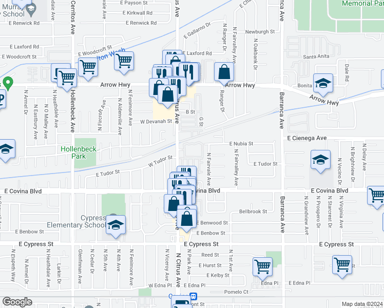 map of restaurants, bars, coffee shops, grocery stores, and more near 1234 North Citrus Avenue in Covina