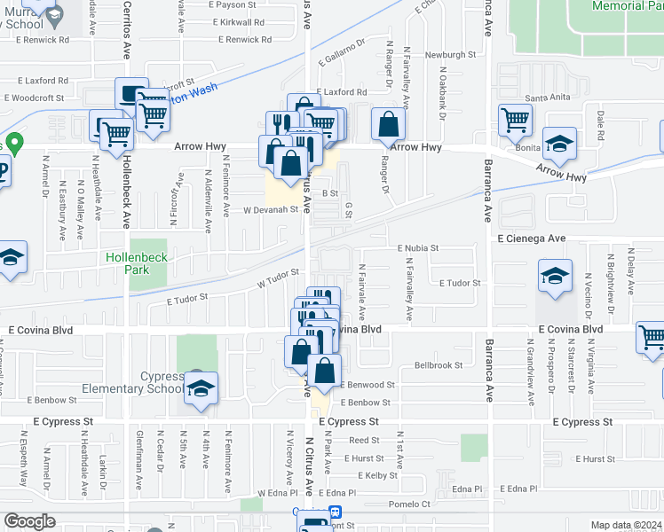 map of restaurants, bars, coffee shops, grocery stores, and more near 1242 North Citrus Avenue in Covina