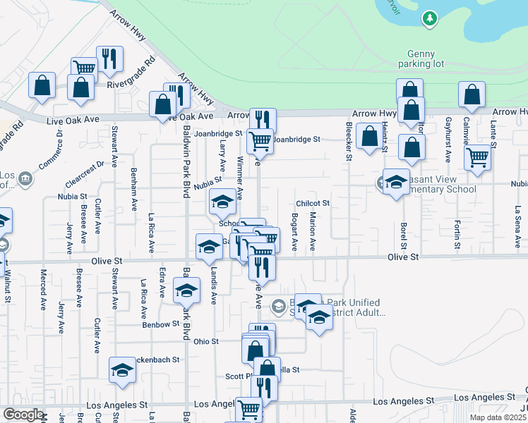 map of restaurants, bars, coffee shops, grocery stores, and more near 4942 Maine Avenue in Baldwin Park