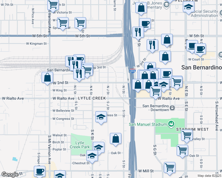 map of restaurants, bars, coffee shops, grocery stores, and more near in San Bernardino