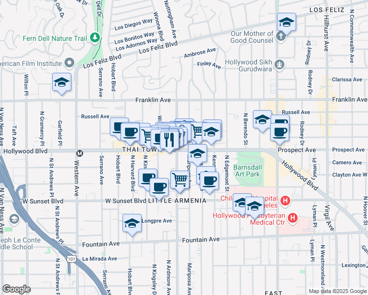 map of restaurants, bars, coffee shops, grocery stores, and more near in Los Angeles