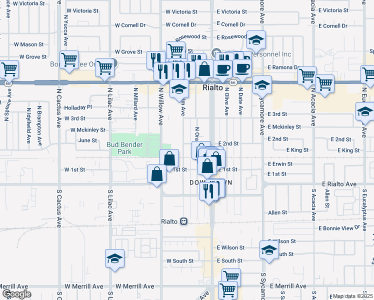 map of restaurants, bars, coffee shops, grocery stores, and more near 139 North Palm Avenue in Rialto