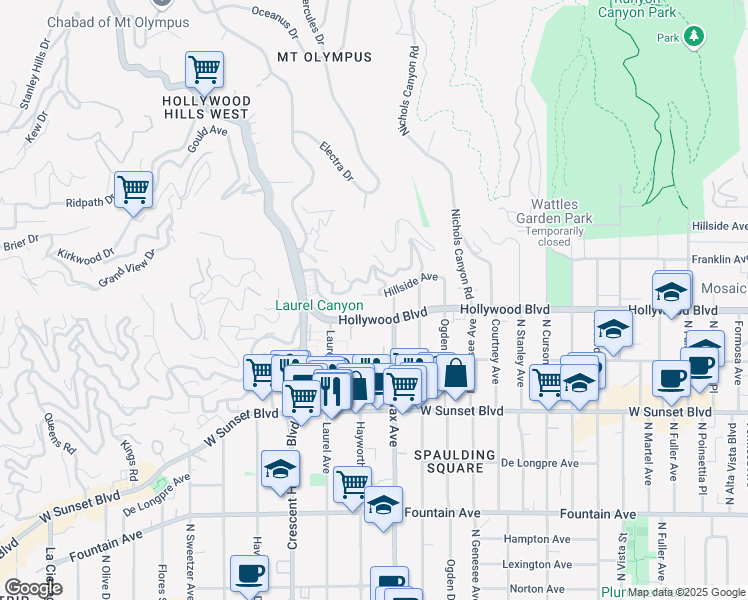 map of restaurants, bars, coffee shops, grocery stores, and more near 7924 Hillside Avenue in Los Angeles