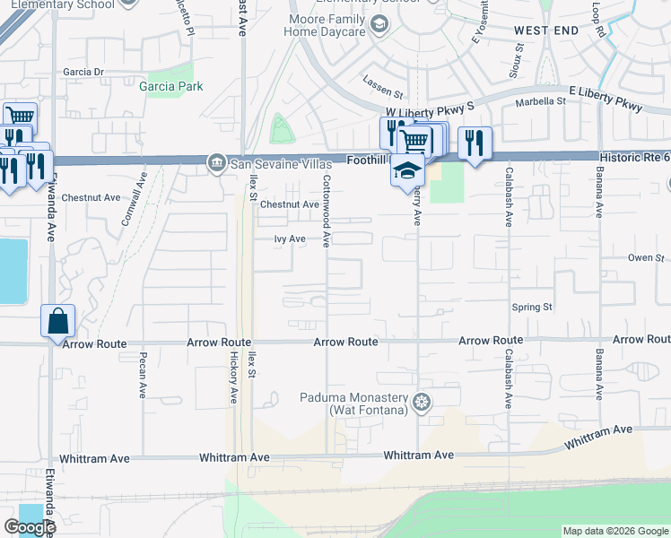 map of restaurants, bars, coffee shops, grocery stores, and more near 13538 Owen Street in Fontana