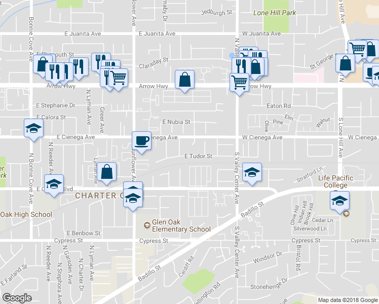 map of restaurants, bars, coffee shops, grocery stores, and more near 21223 East Tudor Street in Covina