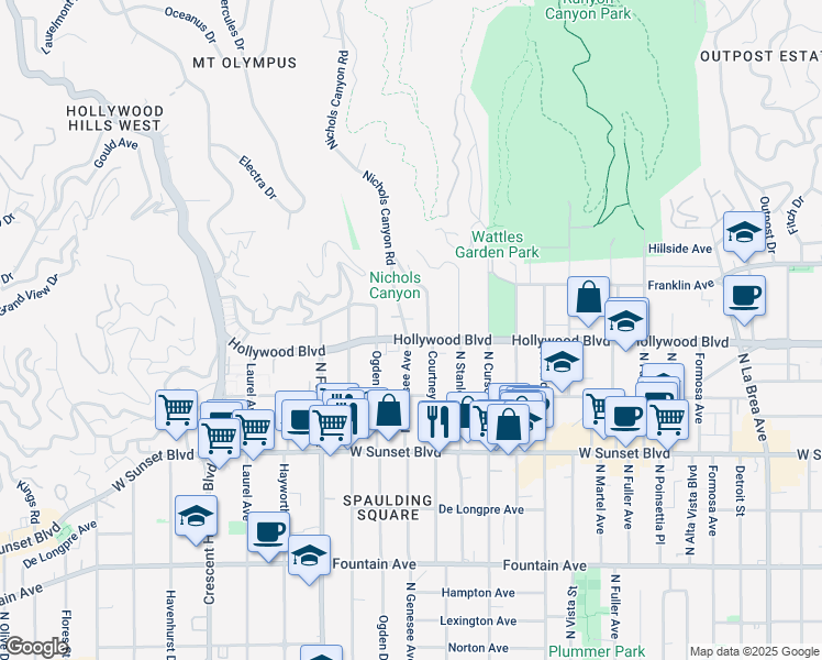 map of restaurants, bars, coffee shops, grocery stores, and more near 1708 Nichols Canyon Road in Los Angeles