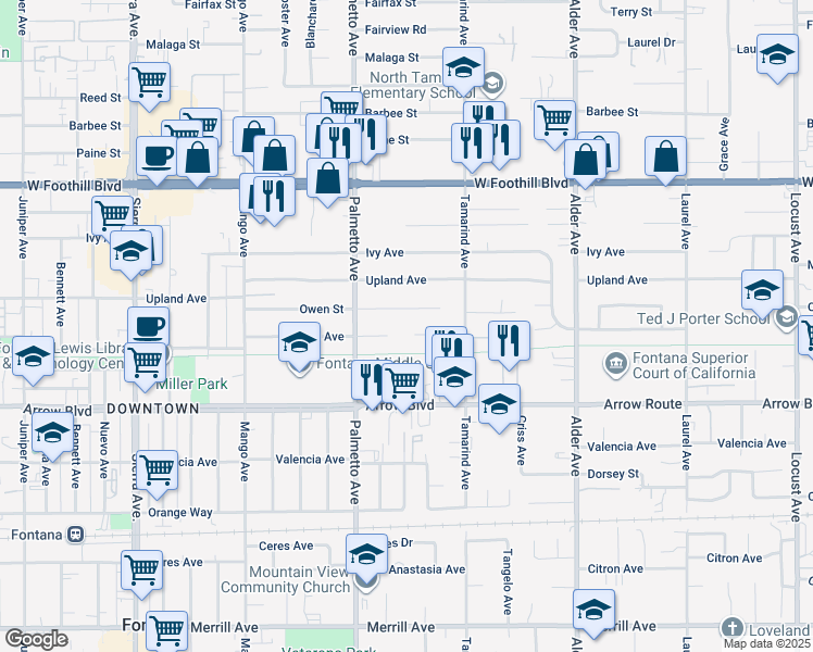 map of restaurants, bars, coffee shops, grocery stores, and more near 17394 Seville Court in Fontana