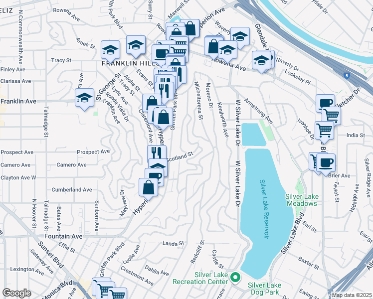 map of restaurants, bars, coffee shops, grocery stores, and more near 2384 Panorama Terrace in Los Angeles