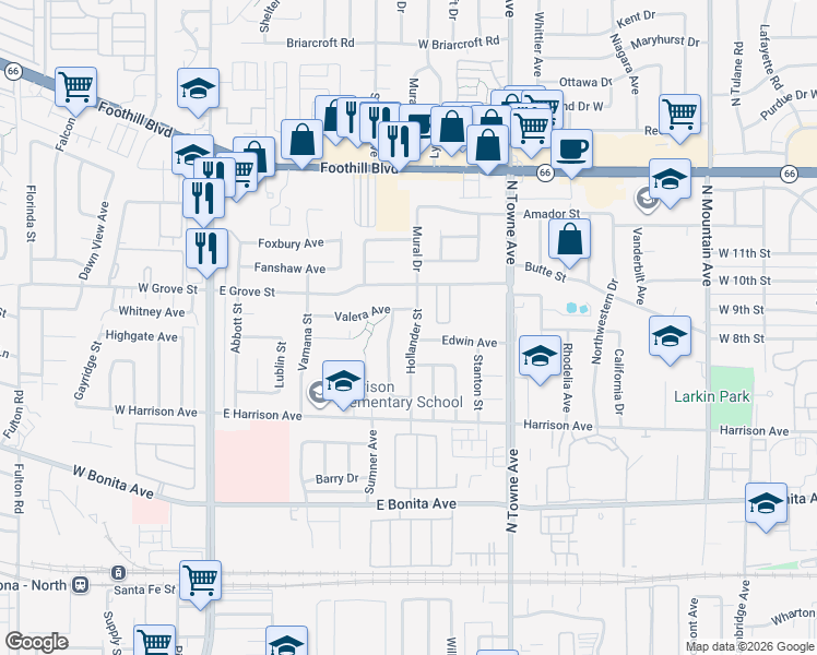 map of restaurants, bars, coffee shops, grocery stores, and more near 480 Valera Avenue in Pomona