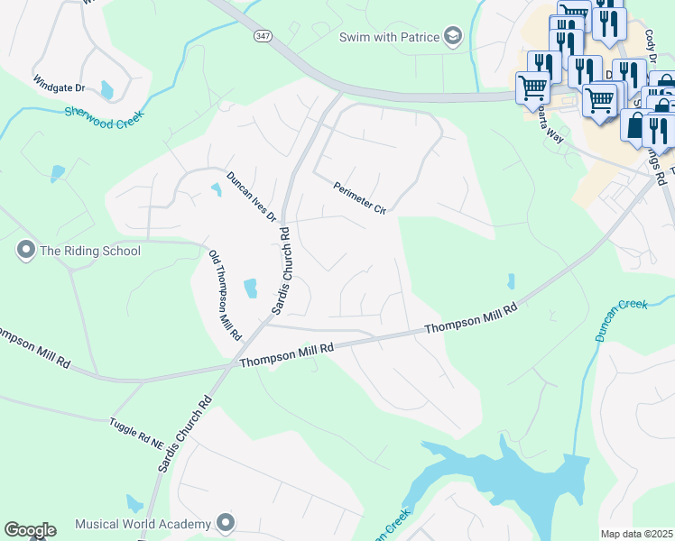 map of restaurants, bars, coffee shops, grocery stores, and more near 3068 Tuggle Ives Drive Northeast in Buford