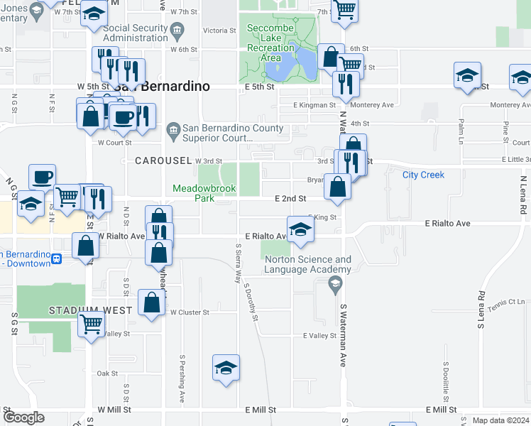 map of restaurants, bars, coffee shops, grocery stores, and more near 156 East King Street in San Bernardino
