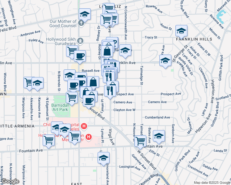 map of restaurants, bars, coffee shops, grocery stores, and more near 4445 Prospect Avenue in Los Angeles