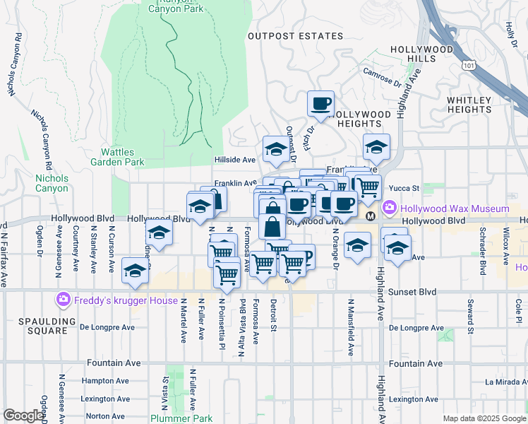 map of restaurants, bars, coffee shops, grocery stores, and more near 1730 North La Brea Avenue in Los Angeles