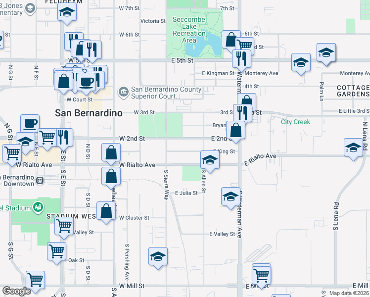 map of restaurants, bars, coffee shops, grocery stores, and more near 155 East 2nd Street in San Bernardino