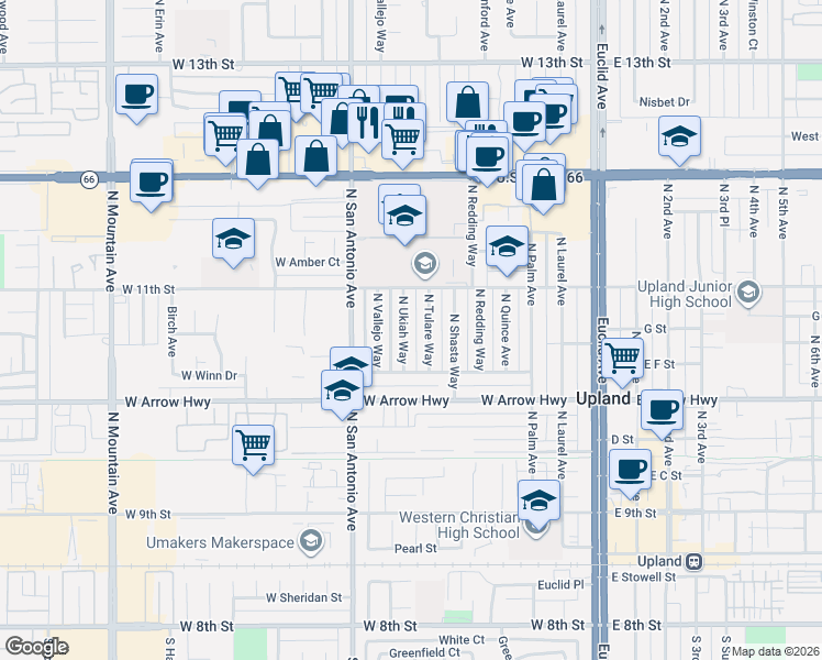 map of restaurants, bars, coffee shops, grocery stores, and more near 730 North Ukiah Way in Upland