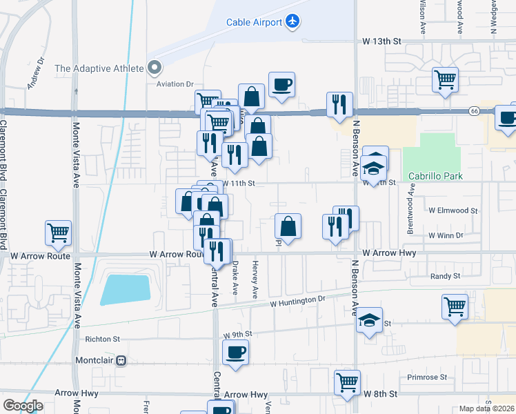 map of restaurants, bars, coffee shops, grocery stores, and more near 1848 West 11th Street in Upland