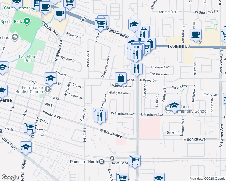 map of restaurants, bars, coffee shops, grocery stores, and more near 236 Whitney Avenue in Pomona