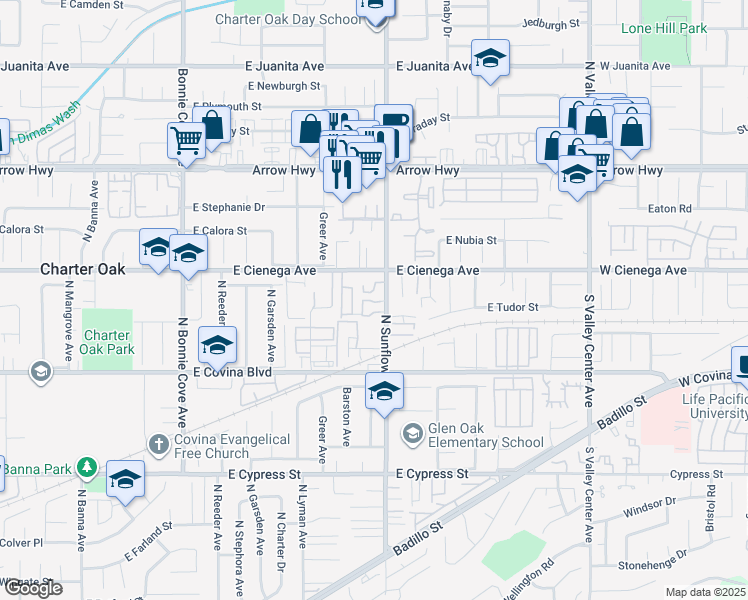 map of restaurants, bars, coffee shops, grocery stores, and more near 2040 East Cienega Avenue in Covina
