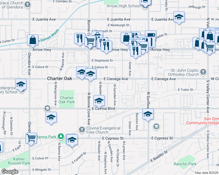 map of restaurants, bars, coffee shops, grocery stores, and more near 1250 North Stephora Avenue in Covina