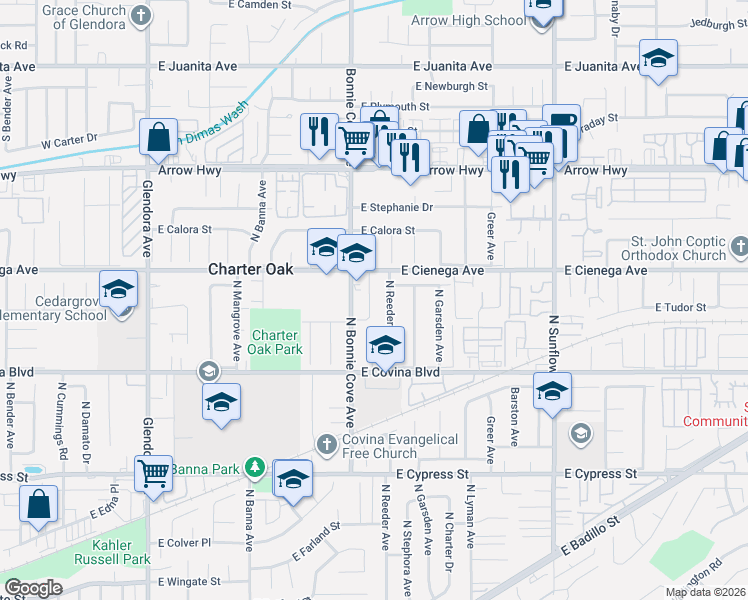 map of restaurants, bars, coffee shops, grocery stores, and more near 1261 North Reeder Avenue in Covina