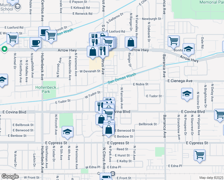 map of restaurants, bars, coffee shops, grocery stores, and more near 1242 North Citrus Avenue in Covina