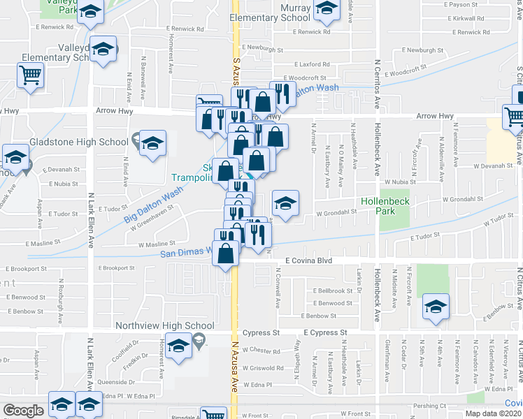map of restaurants, bars, coffee shops, grocery stores, and more near 807 West Grondahl Street in Covina