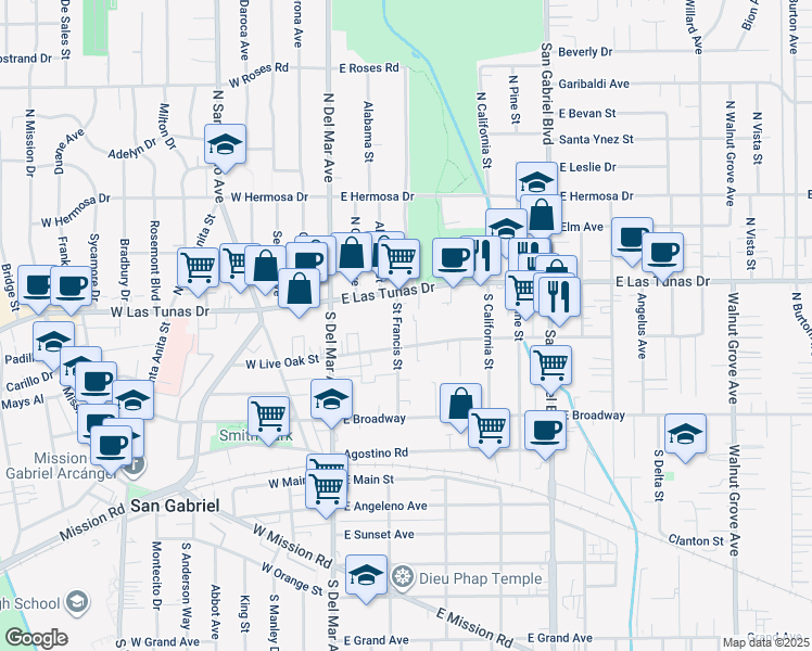 map of restaurants, bars, coffee shops, grocery stores, and more near 114 Saint Francis Street in San Gabriel