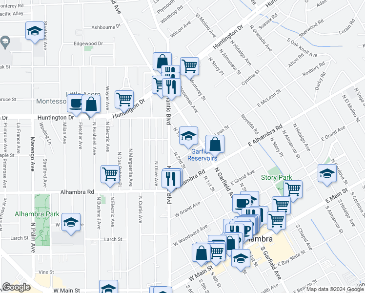 map of restaurants, bars, coffee shops, grocery stores, and more near 833 North 1st Street in Alhambra