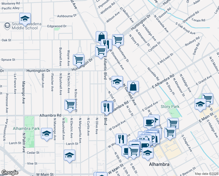 map of restaurants, bars, coffee shops, grocery stores, and more near 833 North 1st Street in Alhambra