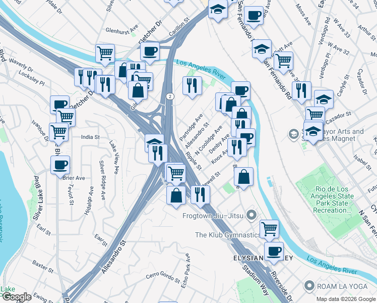 map of restaurants, bars, coffee shops, grocery stores, and more near 2754 Allesandro Street in Los Angeles