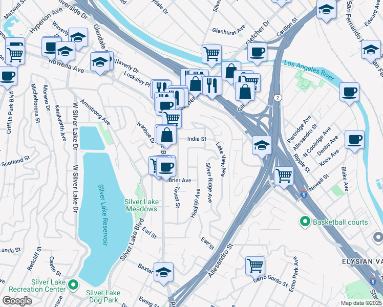 map of restaurants, bars, coffee shops, grocery stores, and more near 2239 Electric Street in Los Angeles