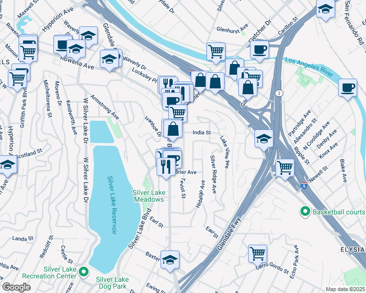 map of restaurants, bars, coffee shops, grocery stores, and more near 2477 Silver Lake Boulevard in Los Angeles