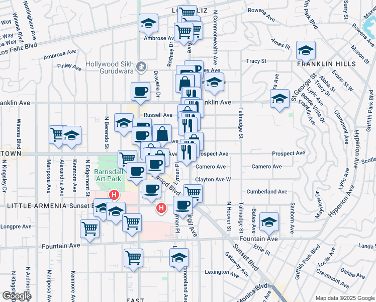 map of restaurants, bars, coffee shops, grocery stores, and more near 4444 Kingswell Avenue in Los Angeles