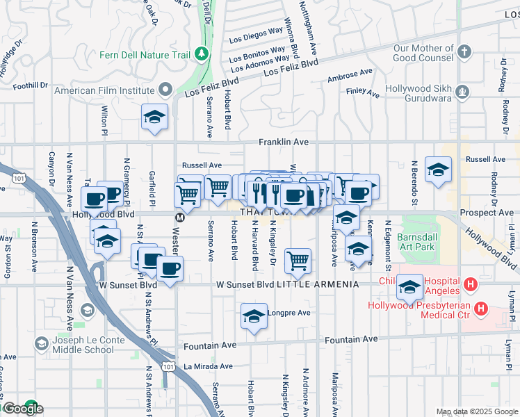 map of restaurants, bars, coffee shops, grocery stores, and more near in Los Angeles