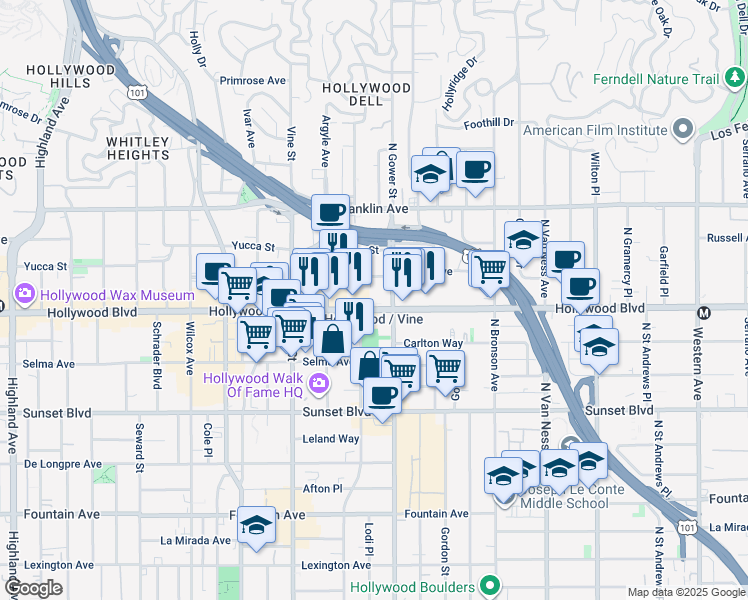map of restaurants, bars, coffee shops, grocery stores, and more near 6118 Carlos Avenue in Los Angeles