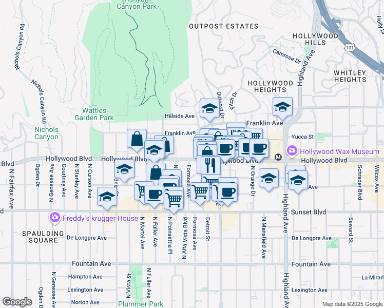 map of restaurants, bars, coffee shops, grocery stores, and more near 7135 Hollywood Boulevard in Los Angeles
