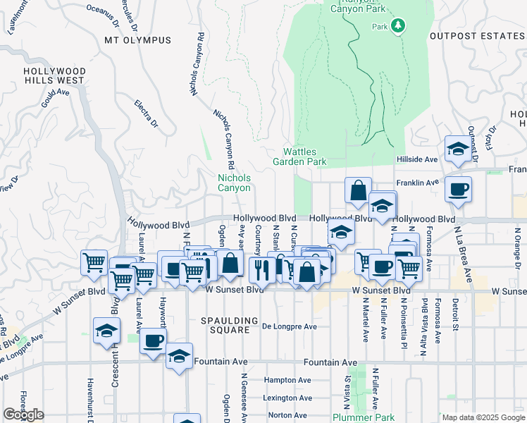 map of restaurants, bars, coffee shops, grocery stores, and more near 1723 Courtney Avenue in Los Angeles