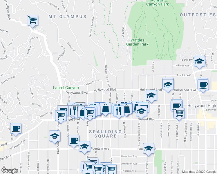 map of restaurants, bars, coffee shops, grocery stores, and more near 1734 North Ogden Drive in Los Angeles